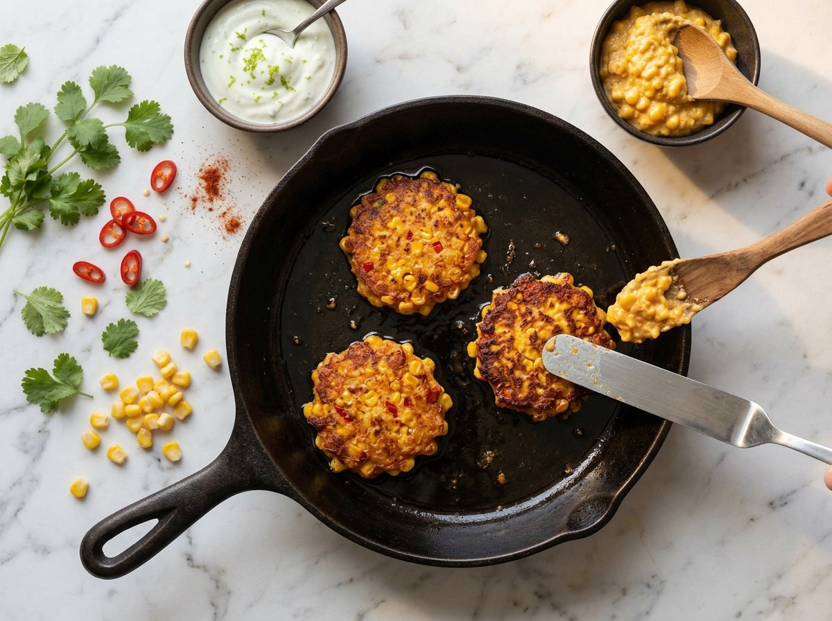 Corn batter scooped into a hot cast-iron skillet, fritters browning at the edges while a spatula flattens one