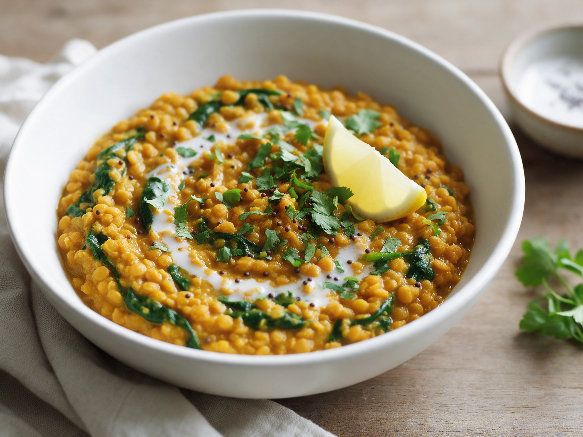 Overhead view of golden-orange spiced lentil dhal with spinach in a white bowl, cilantro on top, on a linen cloth