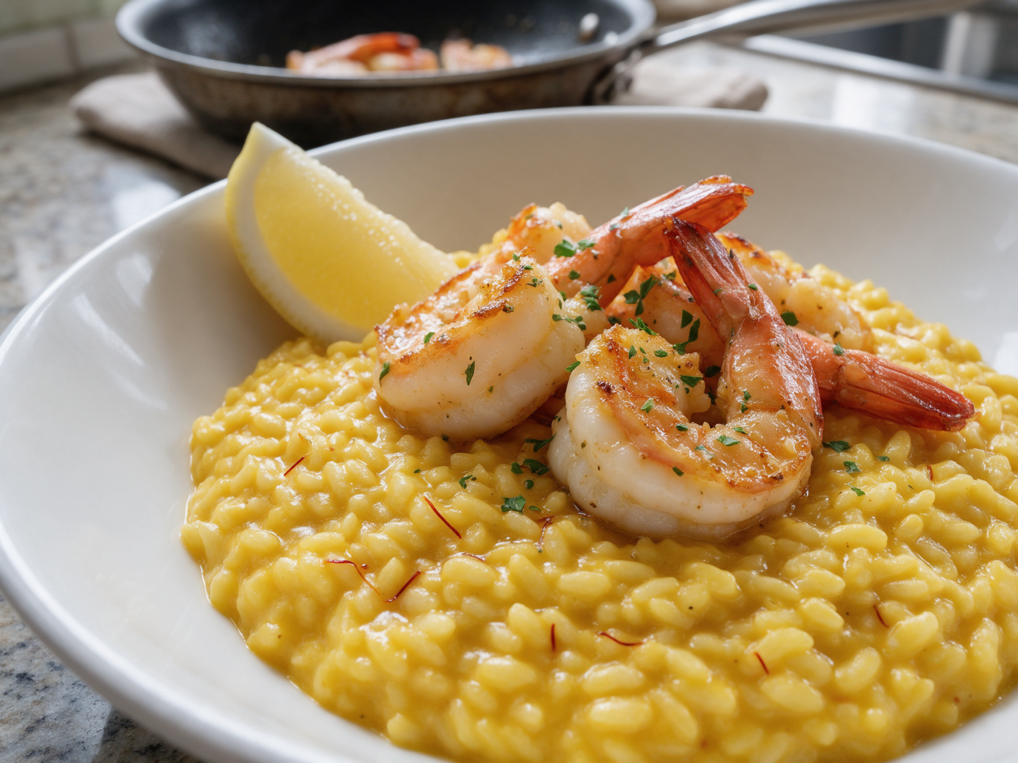 Golden saffron risotto topped with seared garlic prawns and a lemon wedge in a white bowl