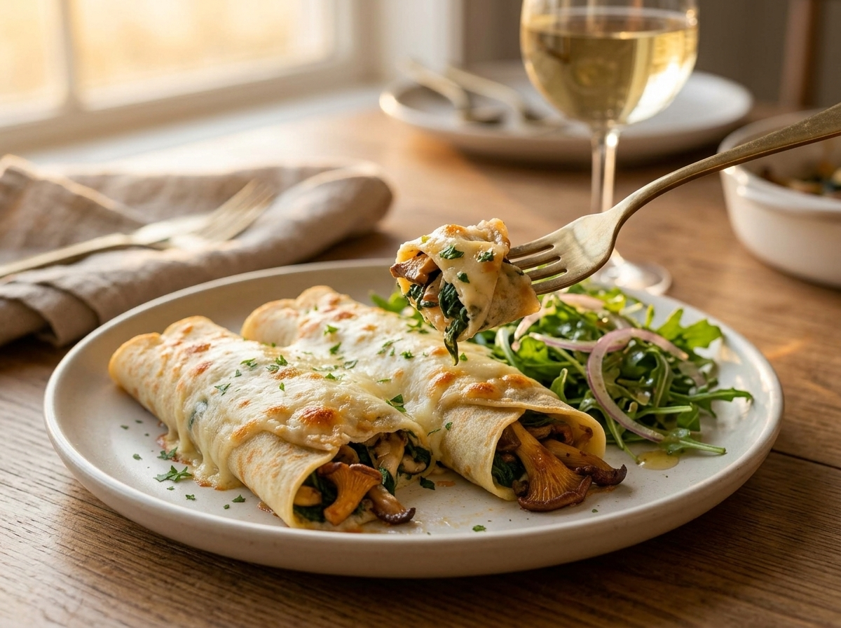 Two filled crepes on a stoneware plate beside arugula salad, with white wine on a linen-covered table