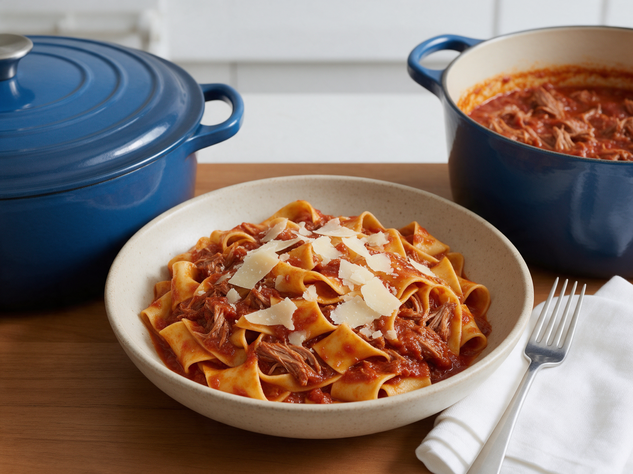 Bowl of pappardelle with shredded pork shoulder ragu and parmesan next to a Dutch oven of sauce