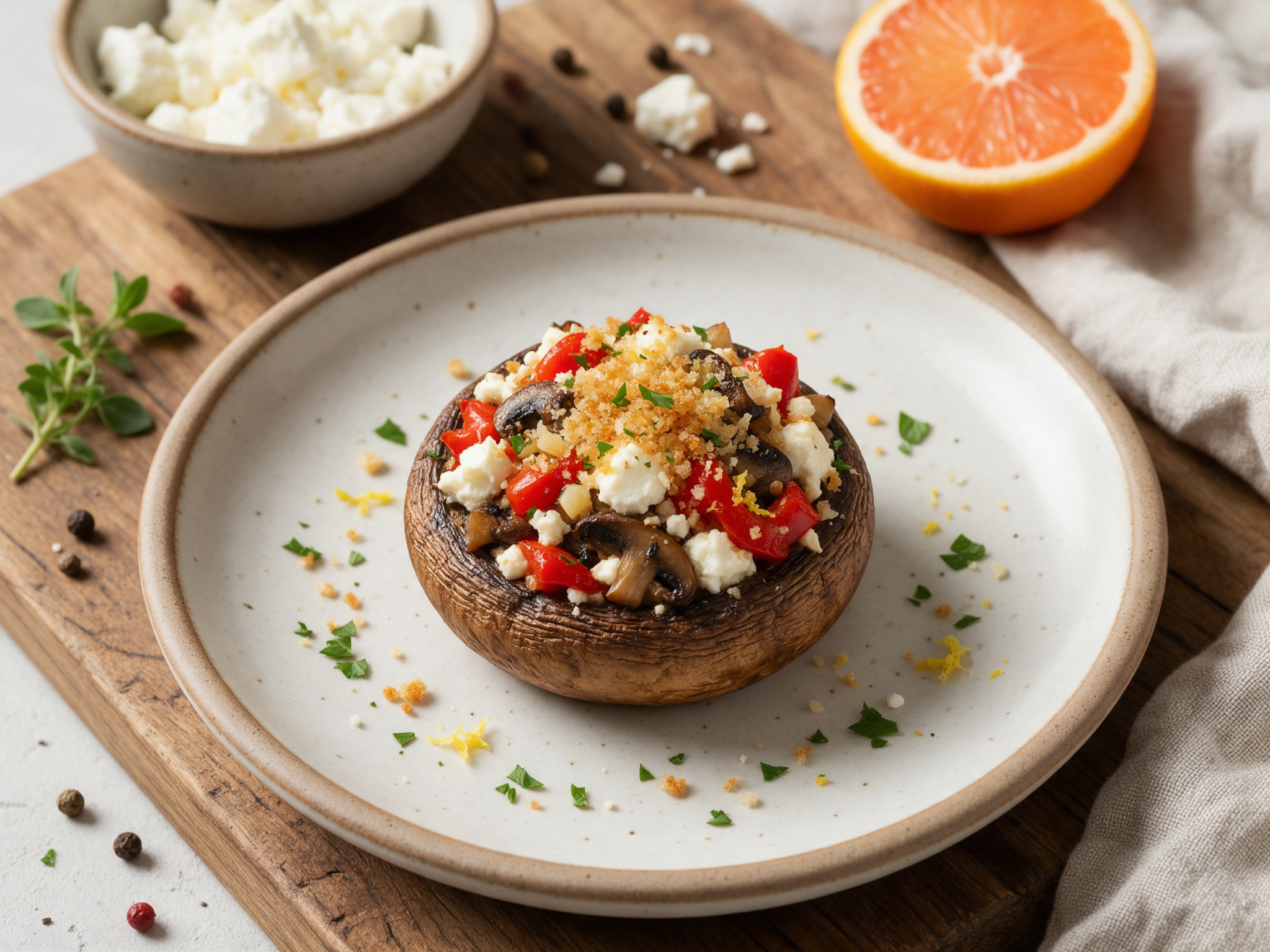 Golden feta-stuffed cremini mushrooms flecked with red pepper and parsley on a rustic wooden board