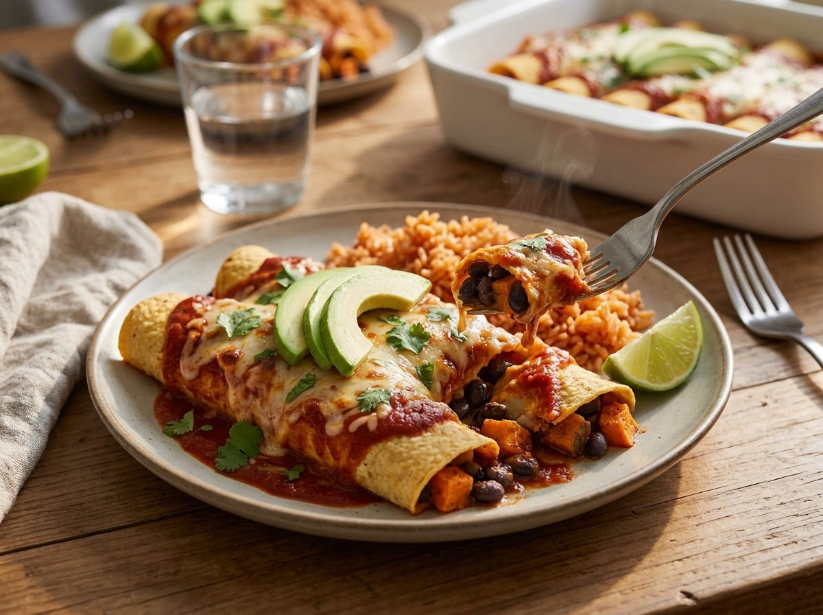 Two enchiladas on a plate with lime wedge and avocado slices, a glass of water and linen napkin at a weeknight table
