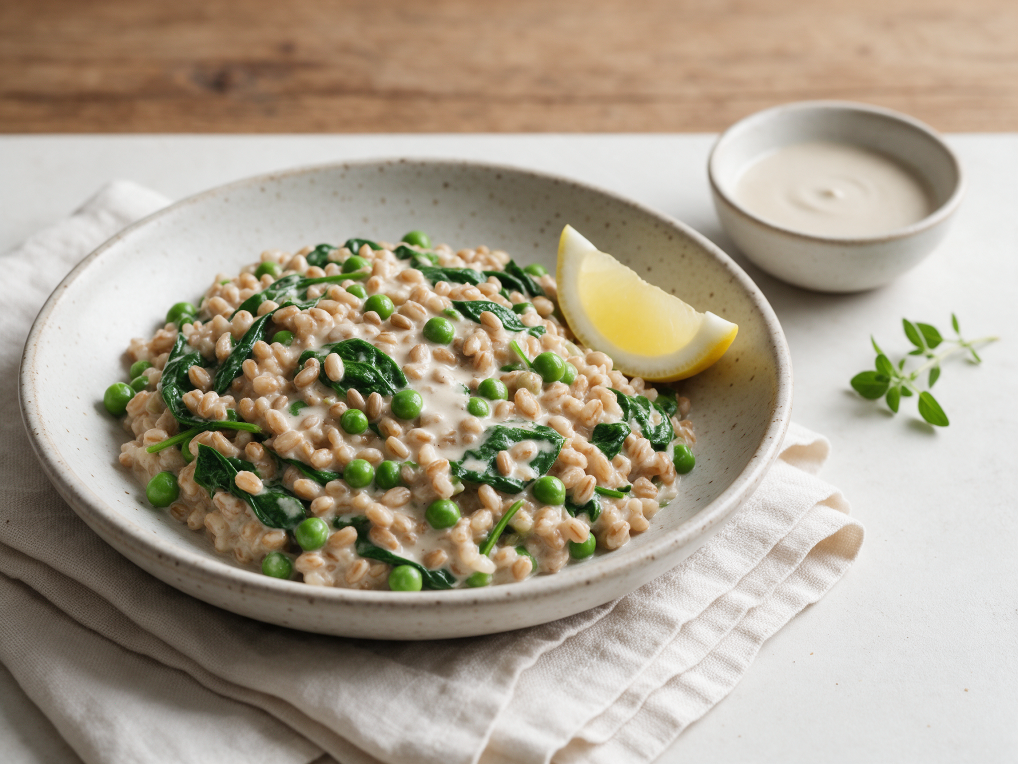 Creamy farro with spinach and green peas in a shallow bowl beside a lemon wedge