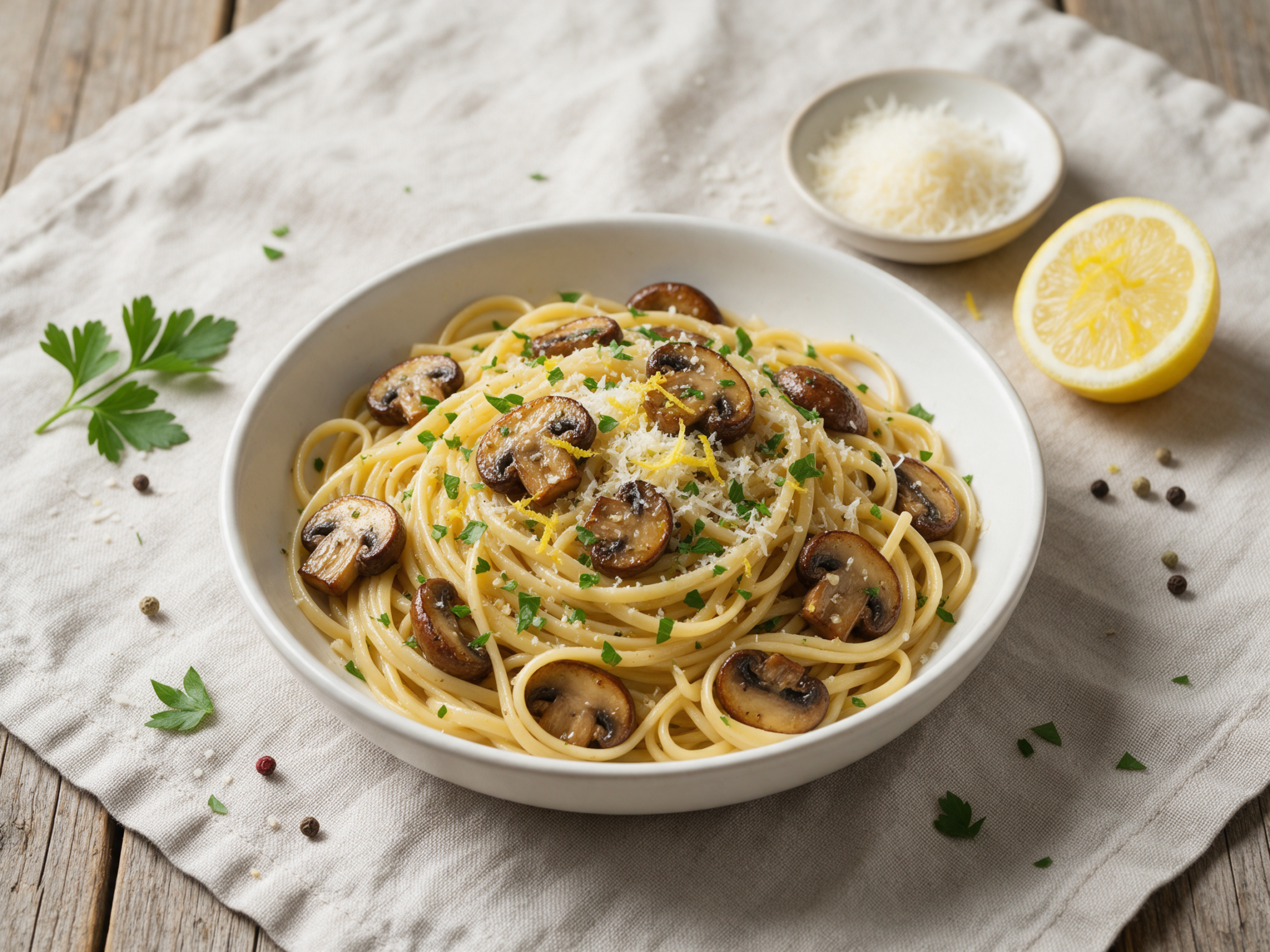 Overhead view of linguine with browned mushrooms, lemon zest and parsley in a white bowl on a linen cloth