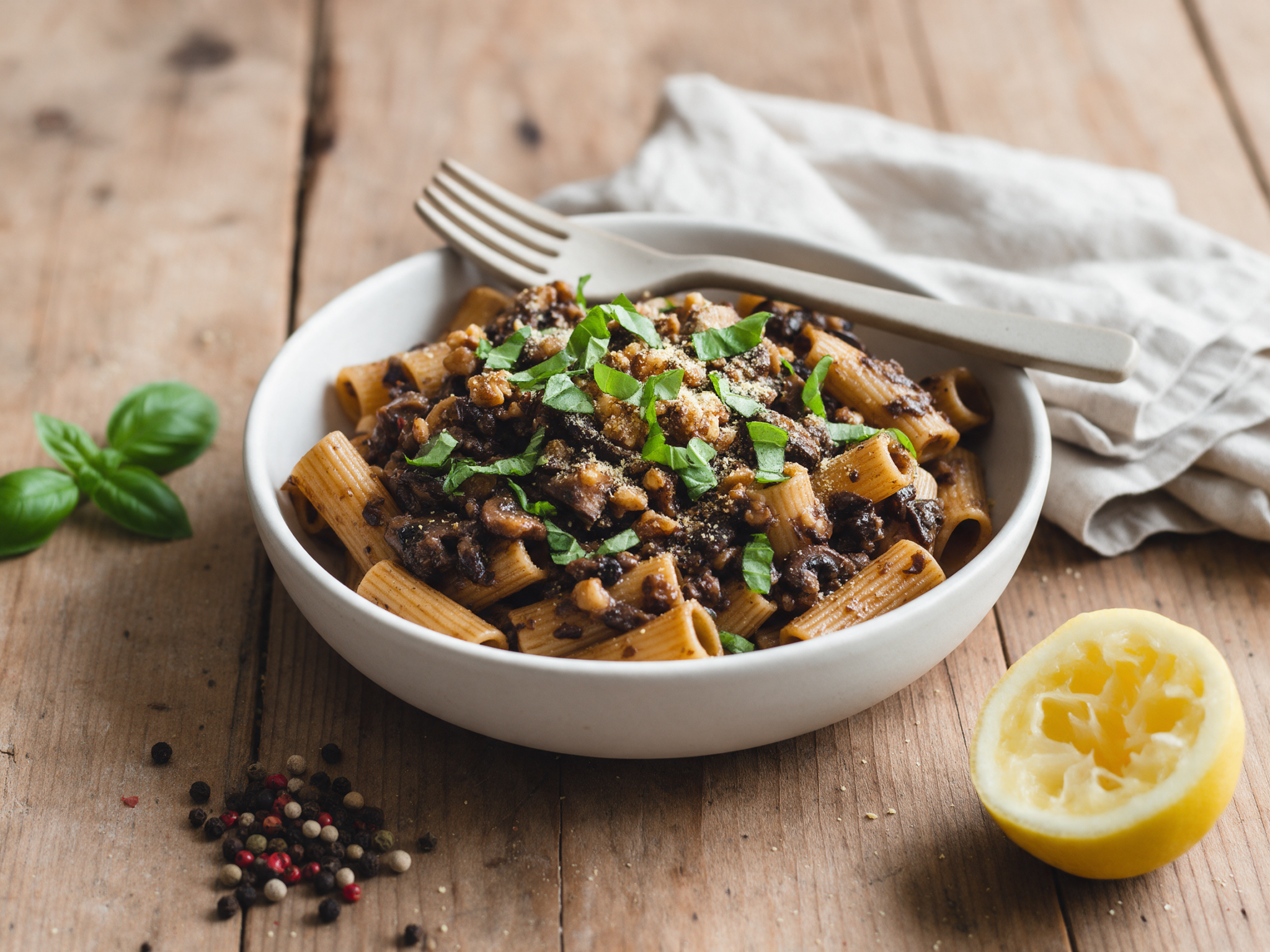 Overhead bowl of rigatoni coated in dark, chunky mushroom walnut sauce with torn basil on a linen-topped wooden table