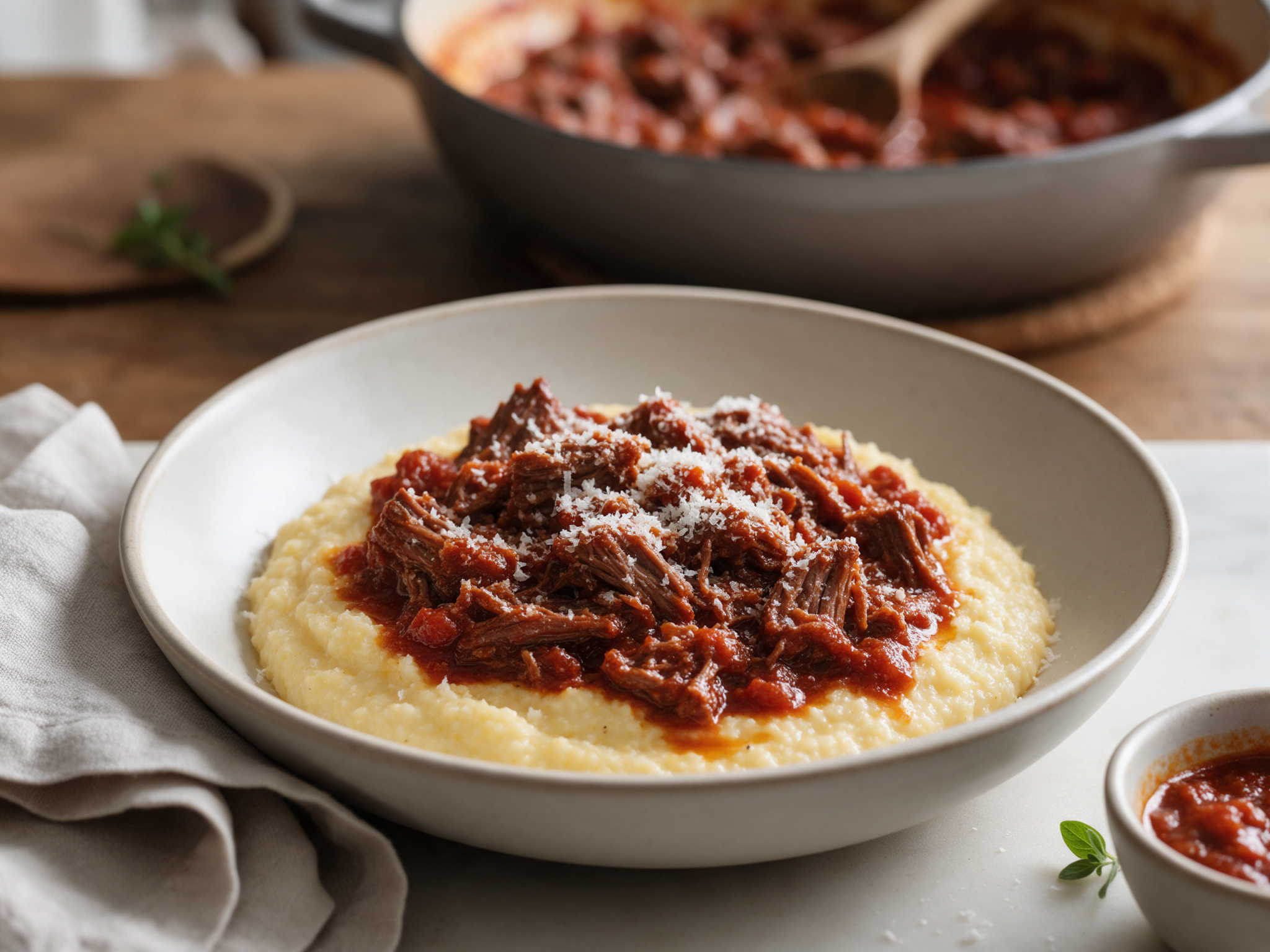 Bowl of creamy polenta topped with shredded beef chuck ragu and grated parmesan beside a Dutch oven