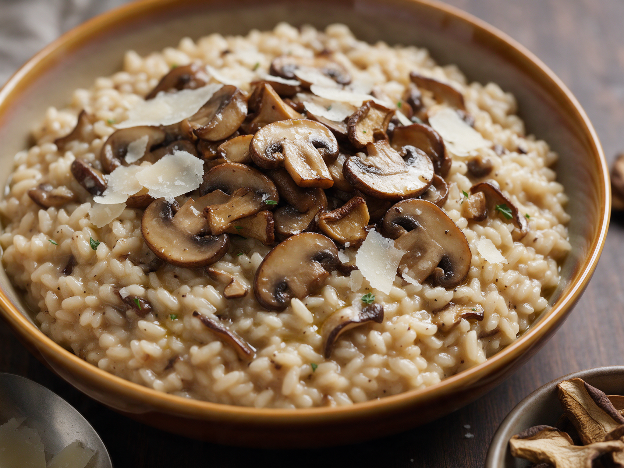 Creamy mushroom risotto topped with glossy cremini slices and Parmesan in a rustic bowl