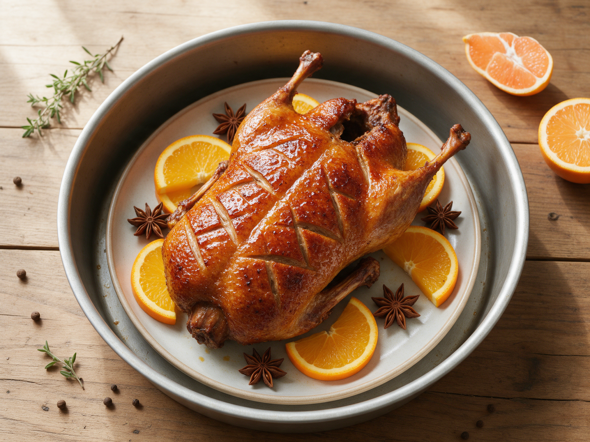 Whole glazed roast duck with orange slices and star anise in a roasting pan