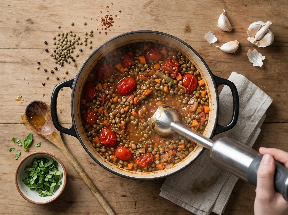 Immersion blender pulsing roasted tomatoes, carrots and whole green lentils in a Dutch oven on the stove