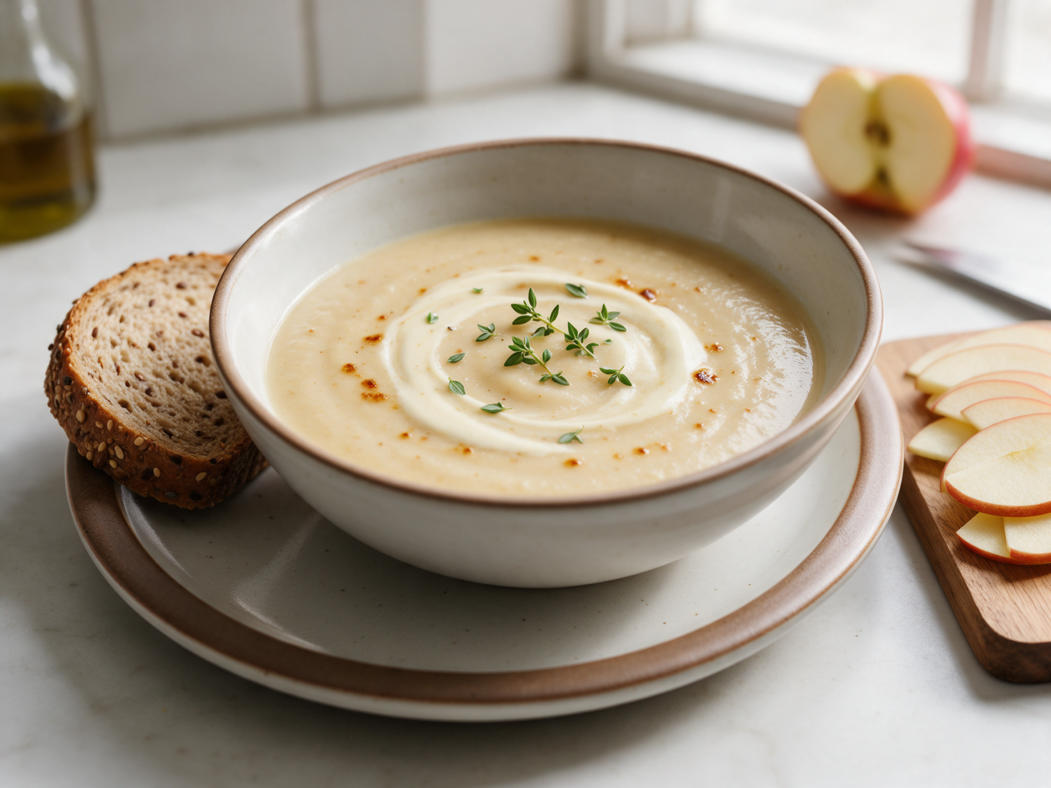 Pale roasted parsnip and apple soup with cream and thyme beside seeded bread