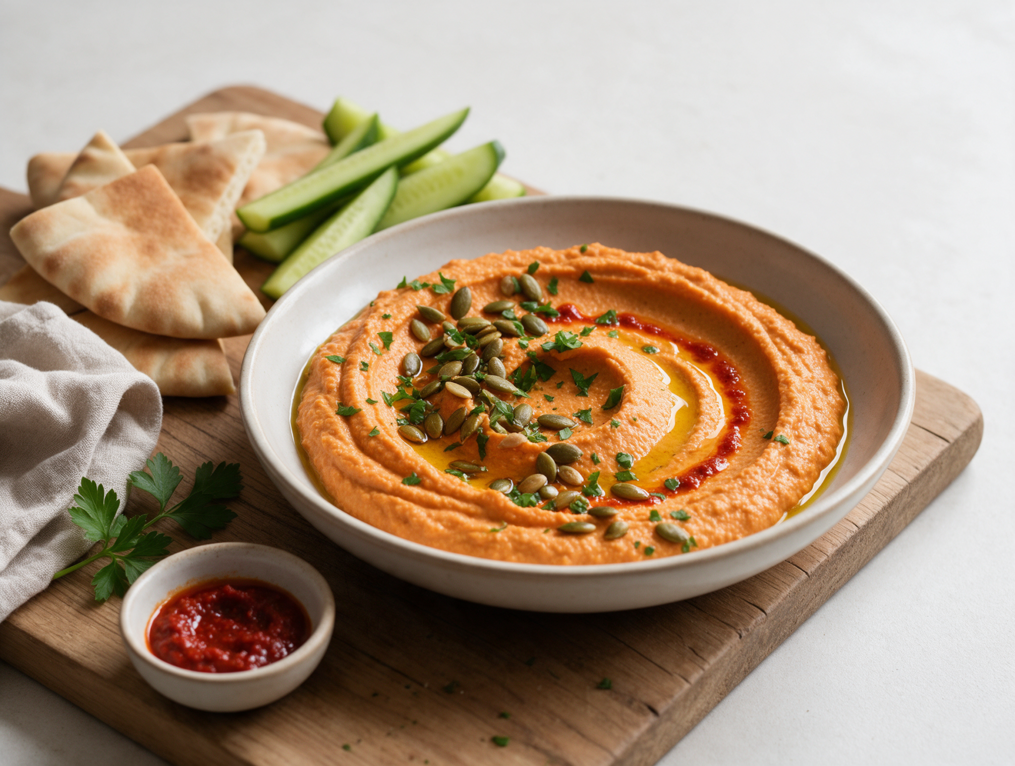 Shallow bowl of coral roasted carrot and harissa hummus with olive oil, pumpkin seeds, and parsley on a wooden board