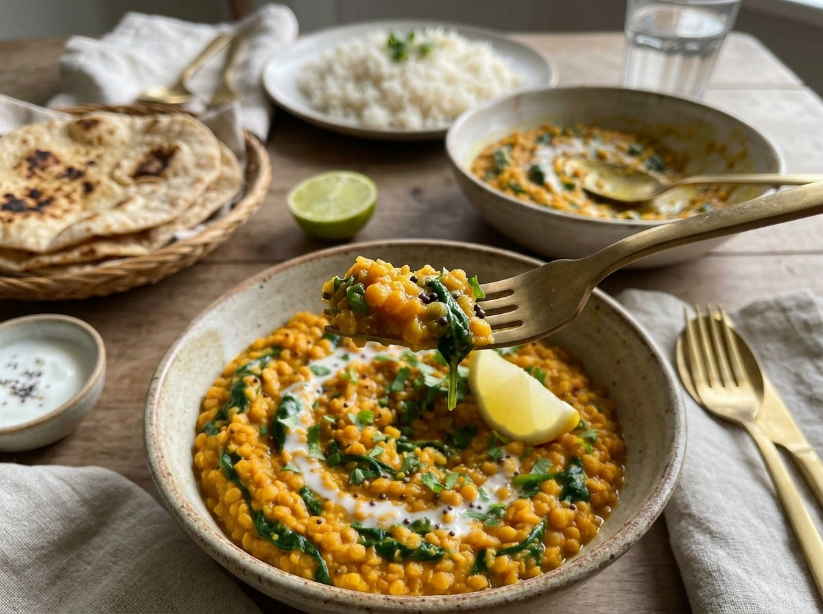 Two bowls of dhal with basmati rice, warm naan, and a lime wedge on a rustic dinner table by a window