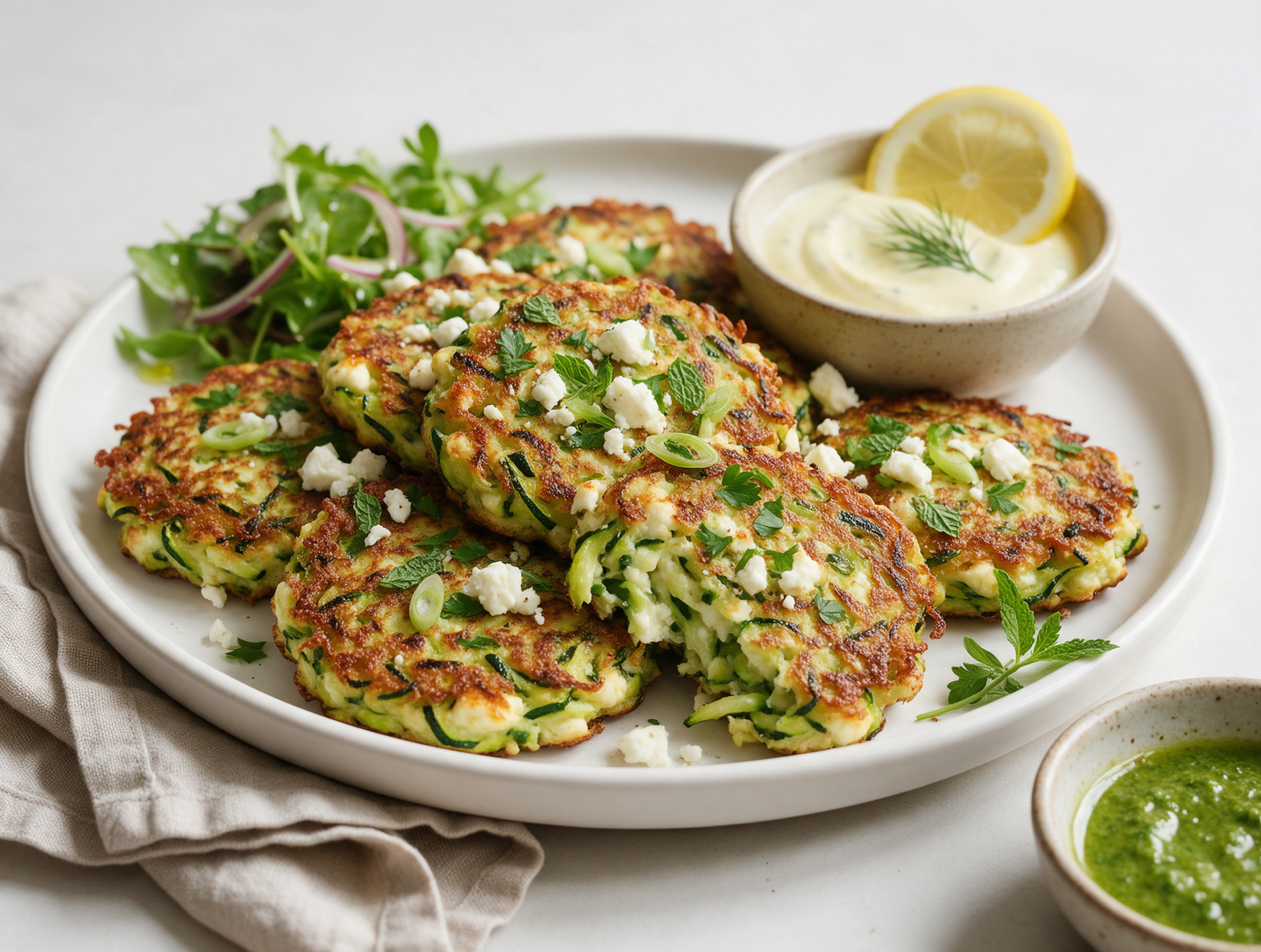 Courgette and feta fritters with grill-marked pieces on a platter beside lemon yogurt and salad