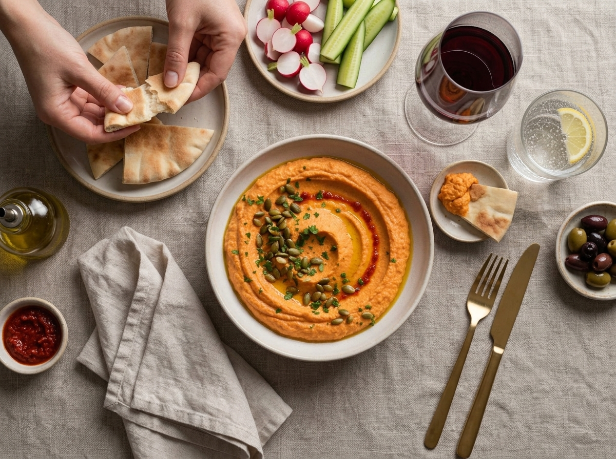 Hummus bowl on a linen-covered table with warm pita, cucumber spears, and radishes ready for scooping