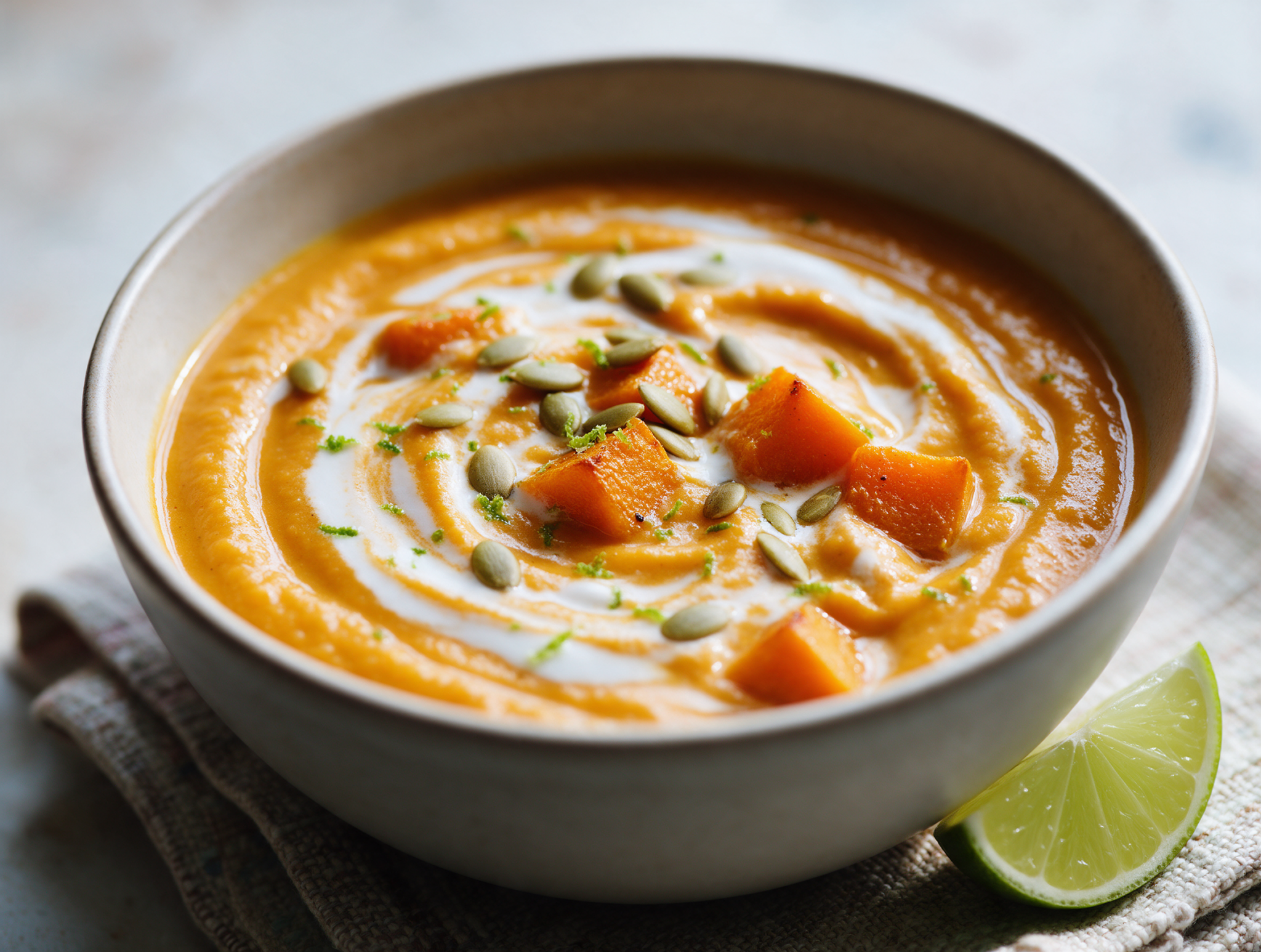 Velvety pumpkin coconut soup with toasted seeds and a lime wedge in a ceramic bowl
