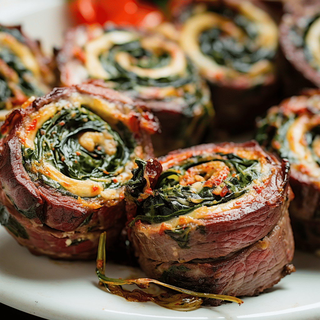 freshly grilled pinwheel steaks stuffed with spinach, cheese, and sun-dried tomatoes, arranged on a white serving platter