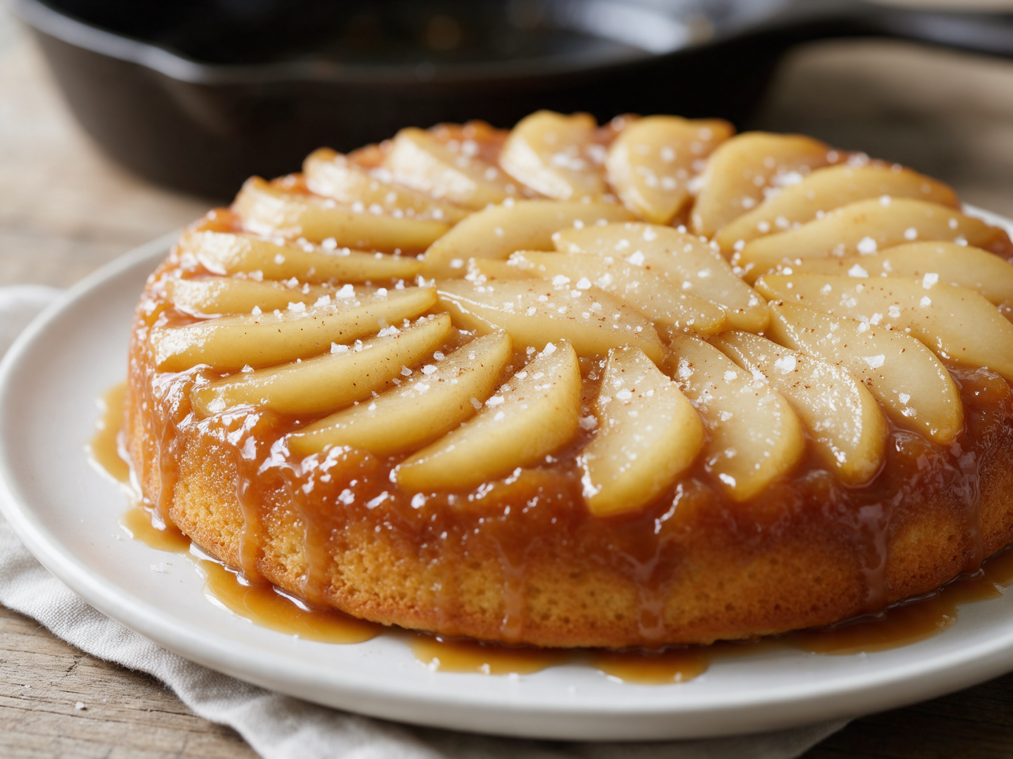 Overhead view of a golden pear upside down cake with glossy caramel and fanned pear wedges on a white plate