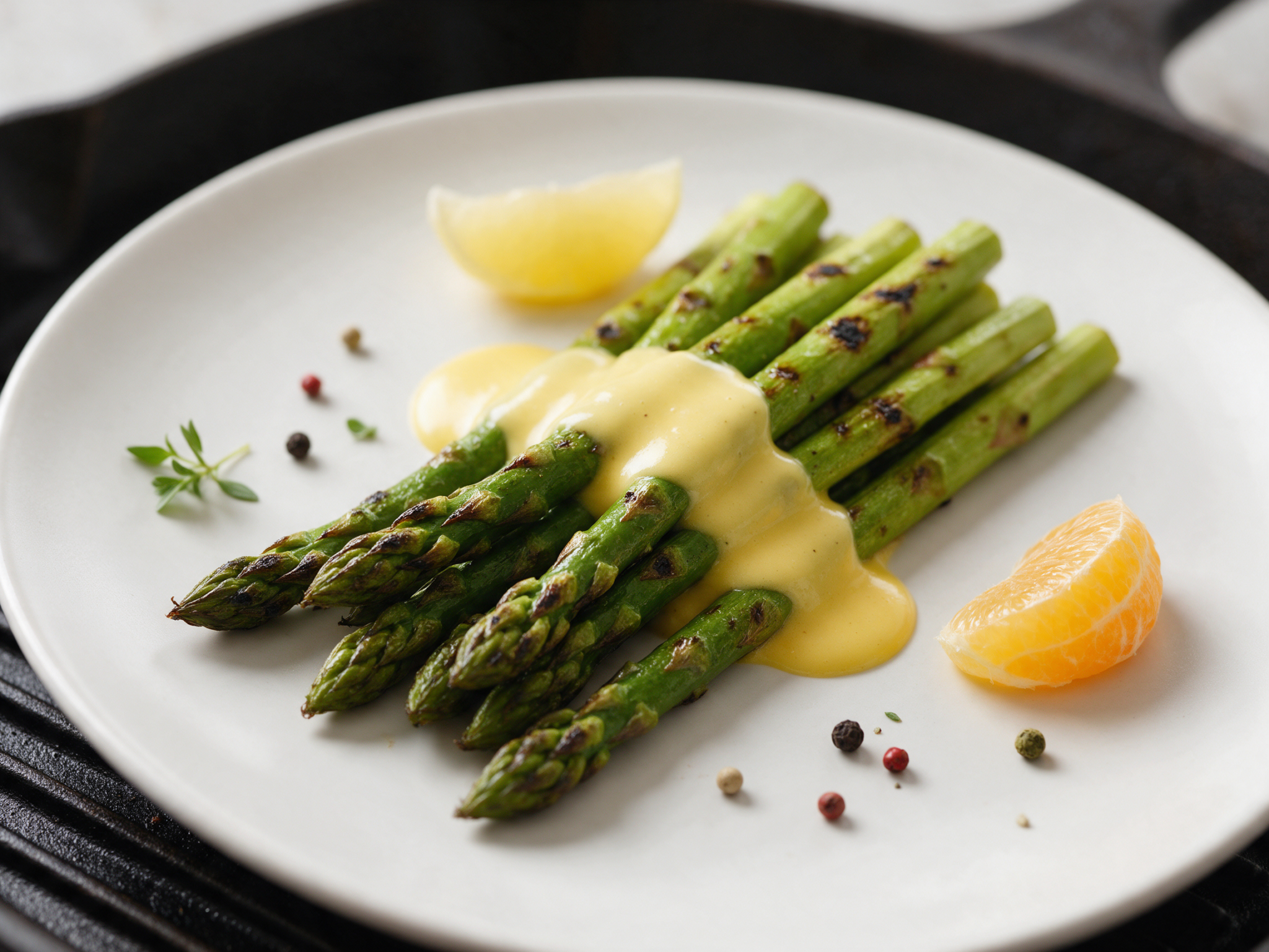 Grilled asparagus spears draped in pale lemon hollandaise on a white plate