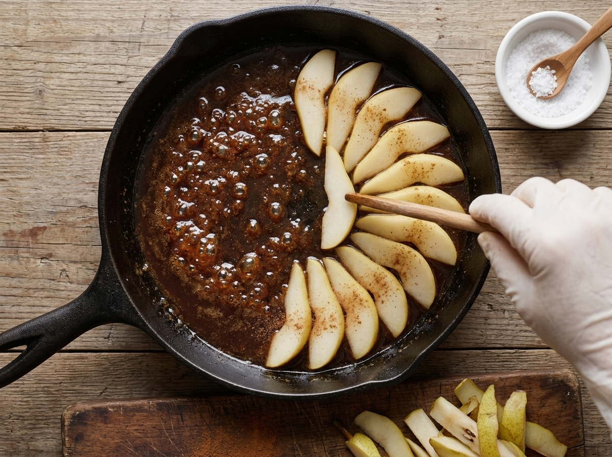 Brown sugar caramel bubbling in a cast-iron skillet as a hand presses sliced pears into tight circles