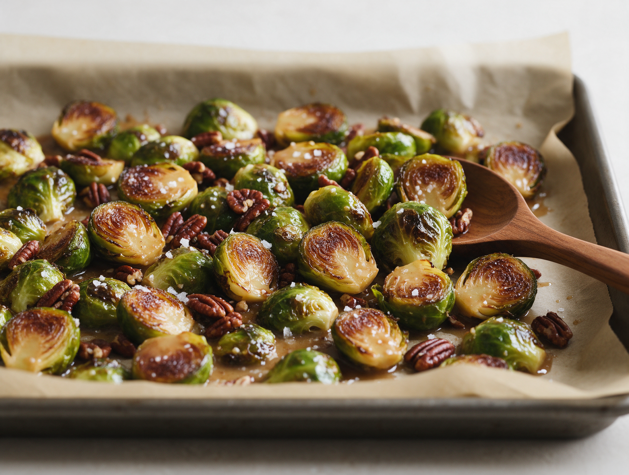 Crisp-edged roasted Brussels sprouts glazed with maple butter and toasted pecans