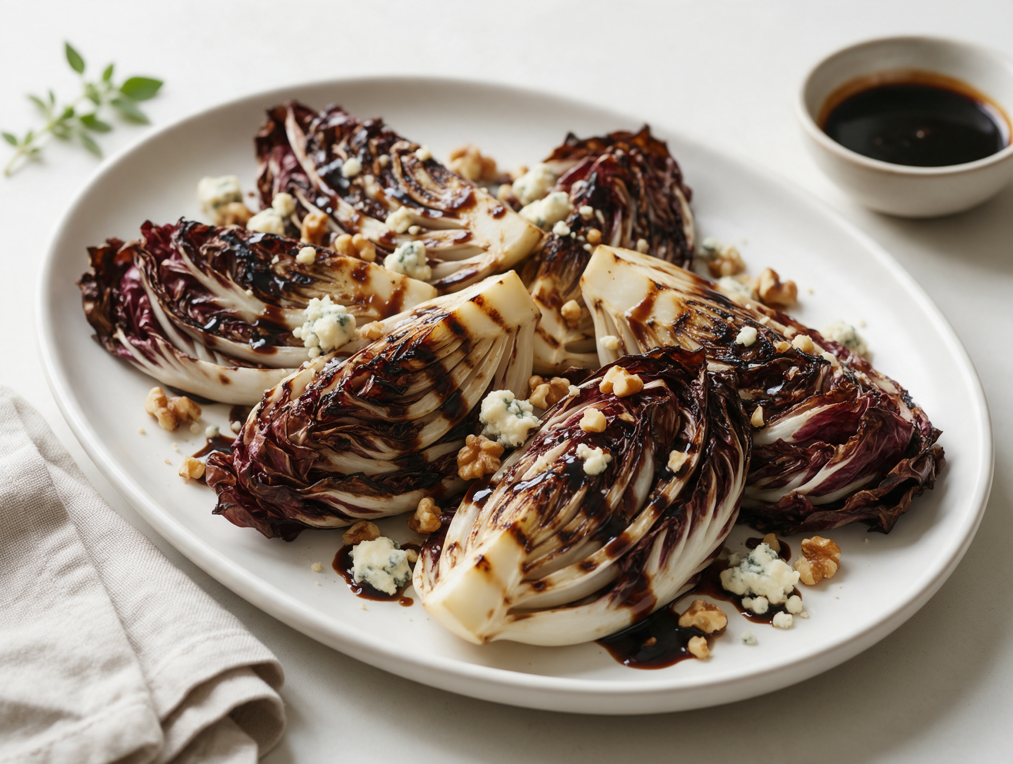 Grilled radicchio wedges with gorgonzola, walnuts and balsamic glaze on a plate