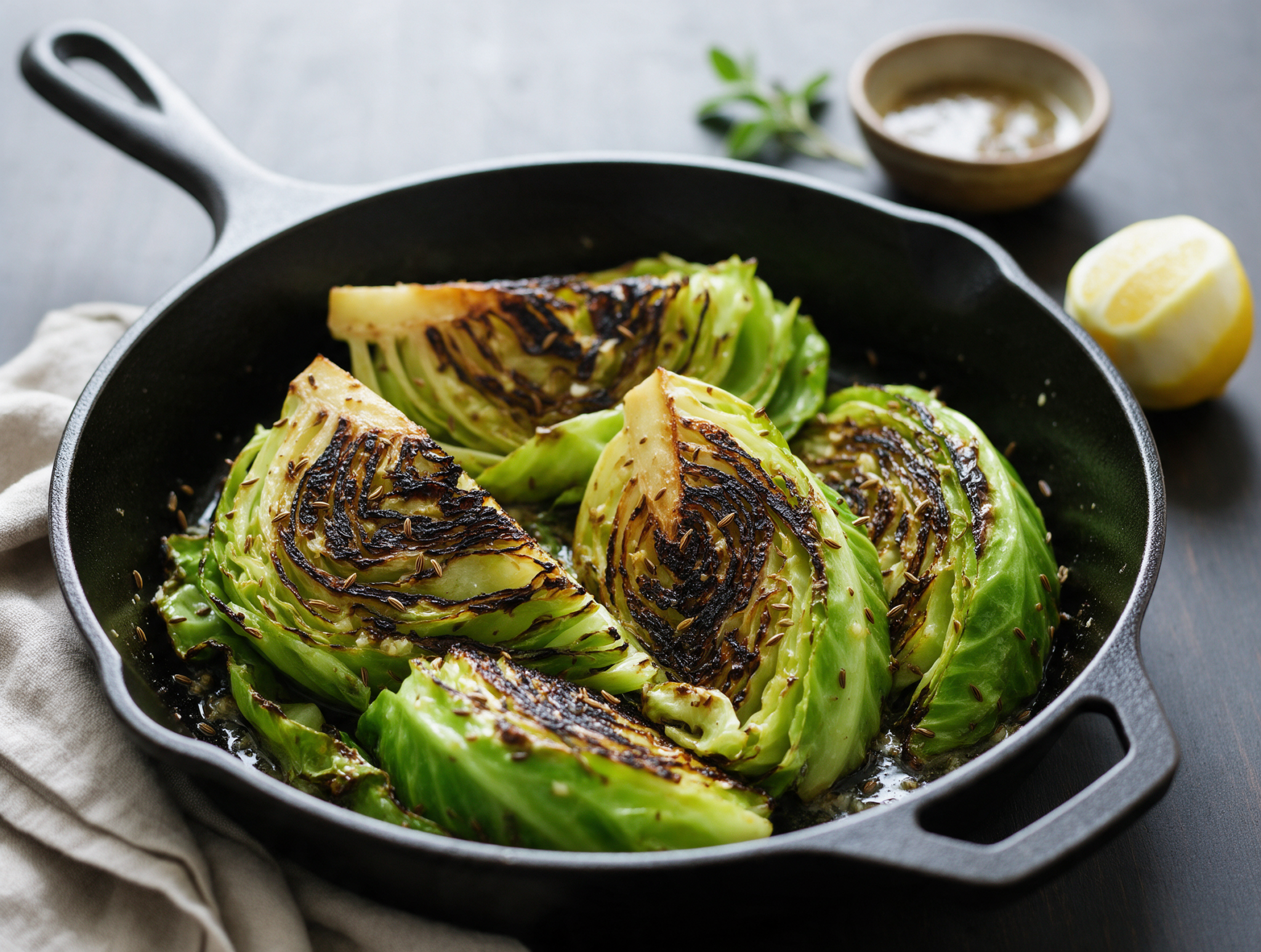 Thick charred green cabbage wedges glossy with caraway butter in a cast-iron pan