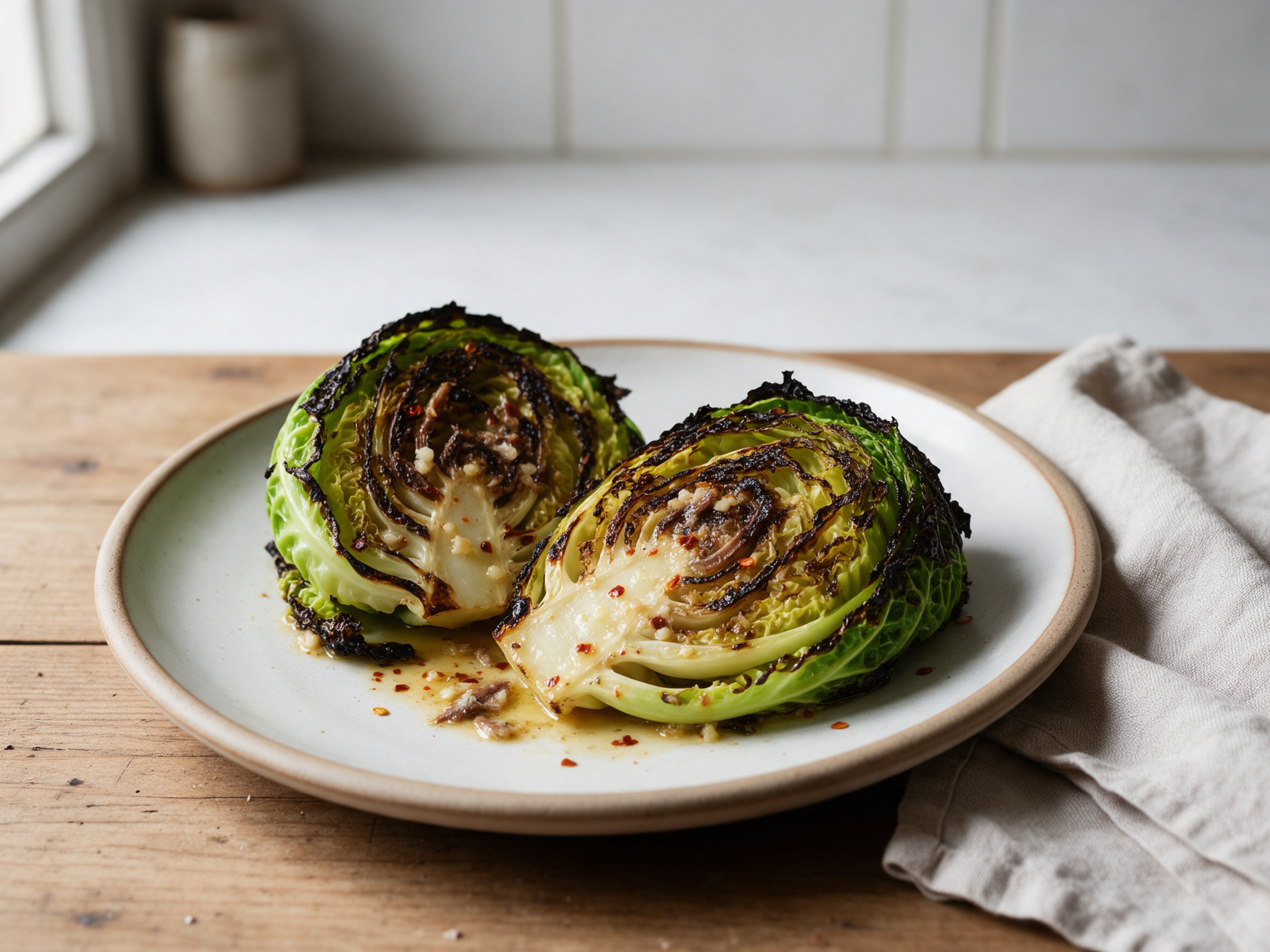 Charred hispi cabbage wedges with blackened edges and anchovy butter in a skillet
