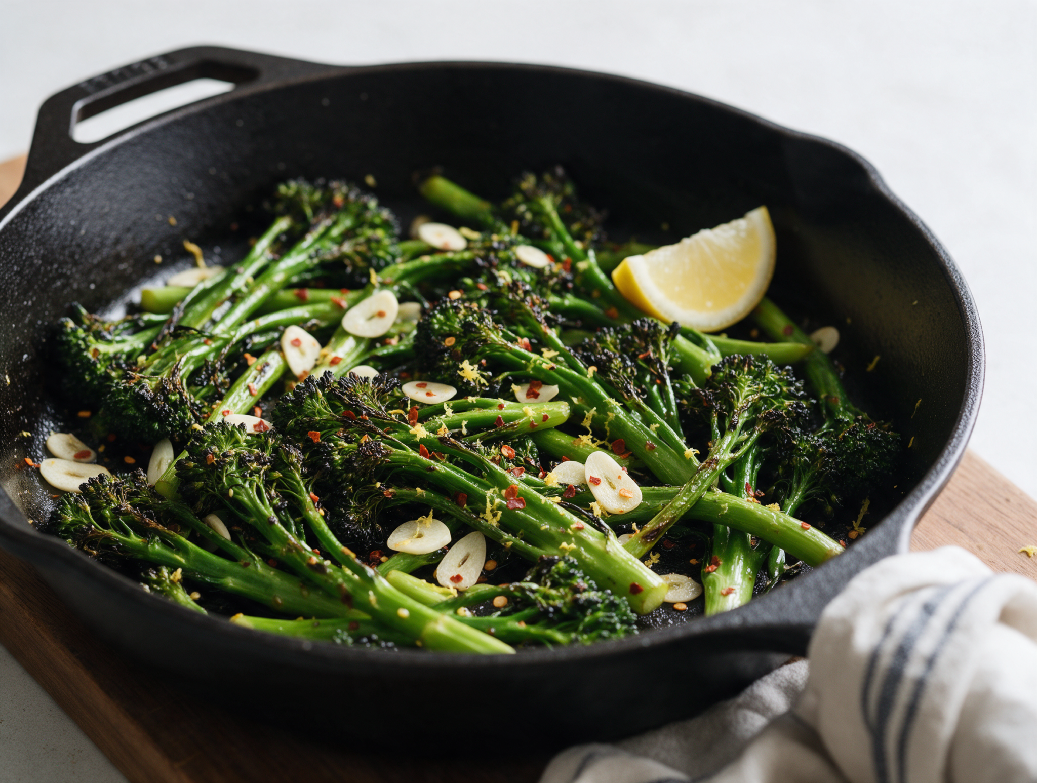 Blistered broccolini with chili flakes and lemon zest in a black skillet