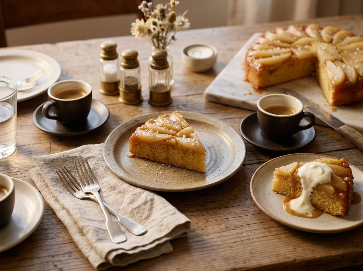 Two slices of warm cake with crème fraîche on small plates beside coffee cups and a linen napkin on a wooden table