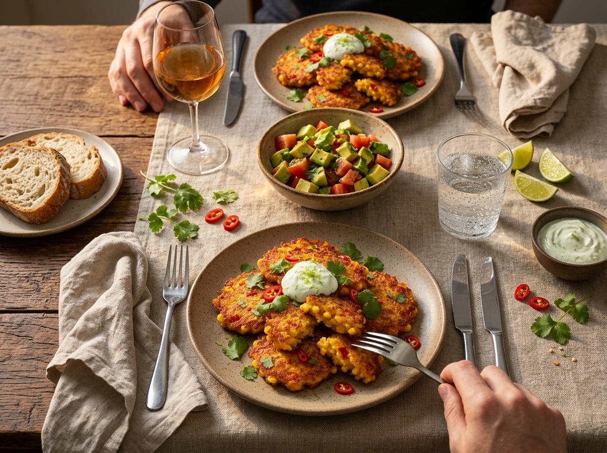 Two plates of crisp fritters beside avocado salad on a linen-covered table, hands reaching for lime wedges