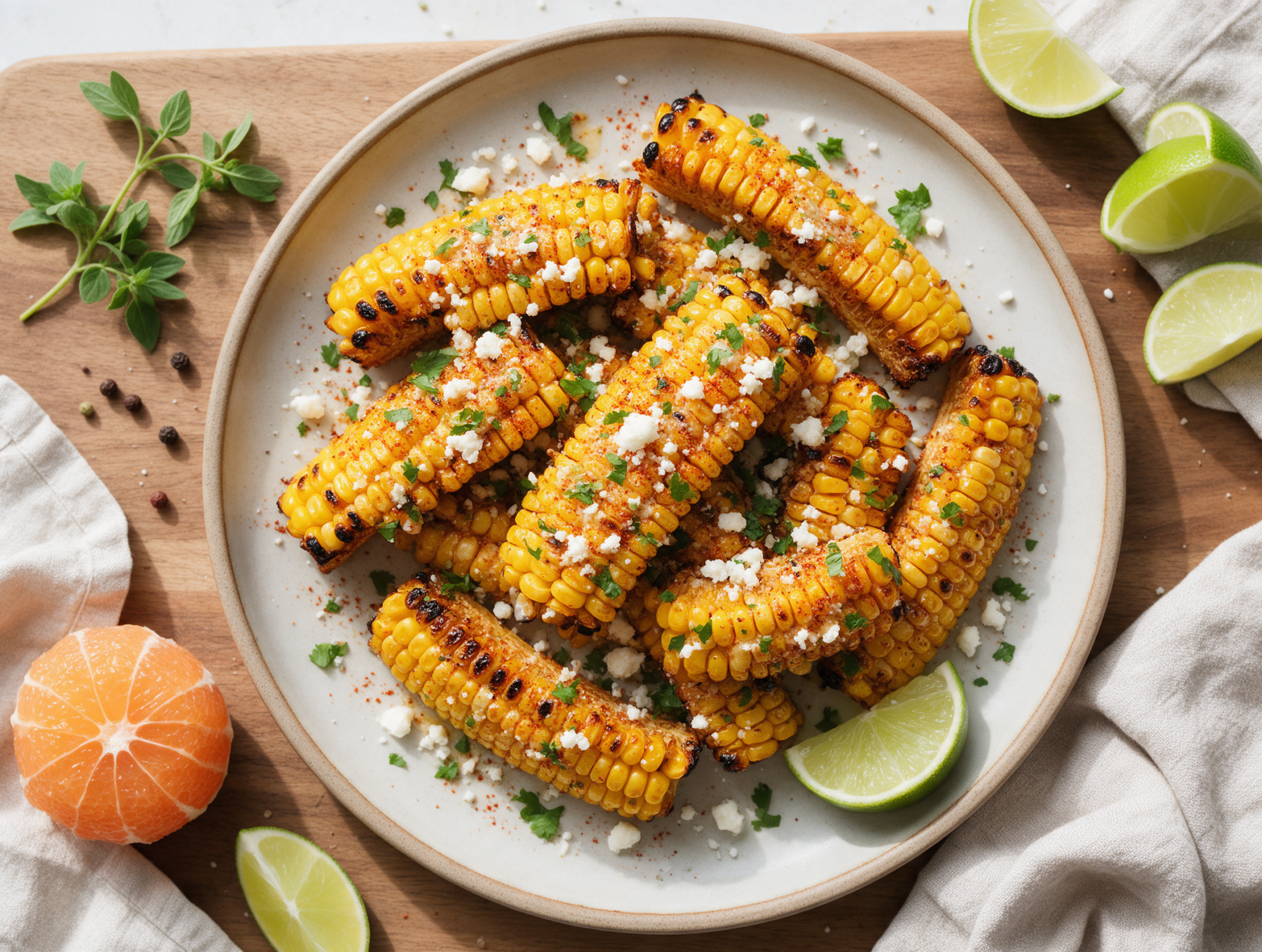 Charred corn ribs with curled kernels, lime butter and crumbled cotija on a board