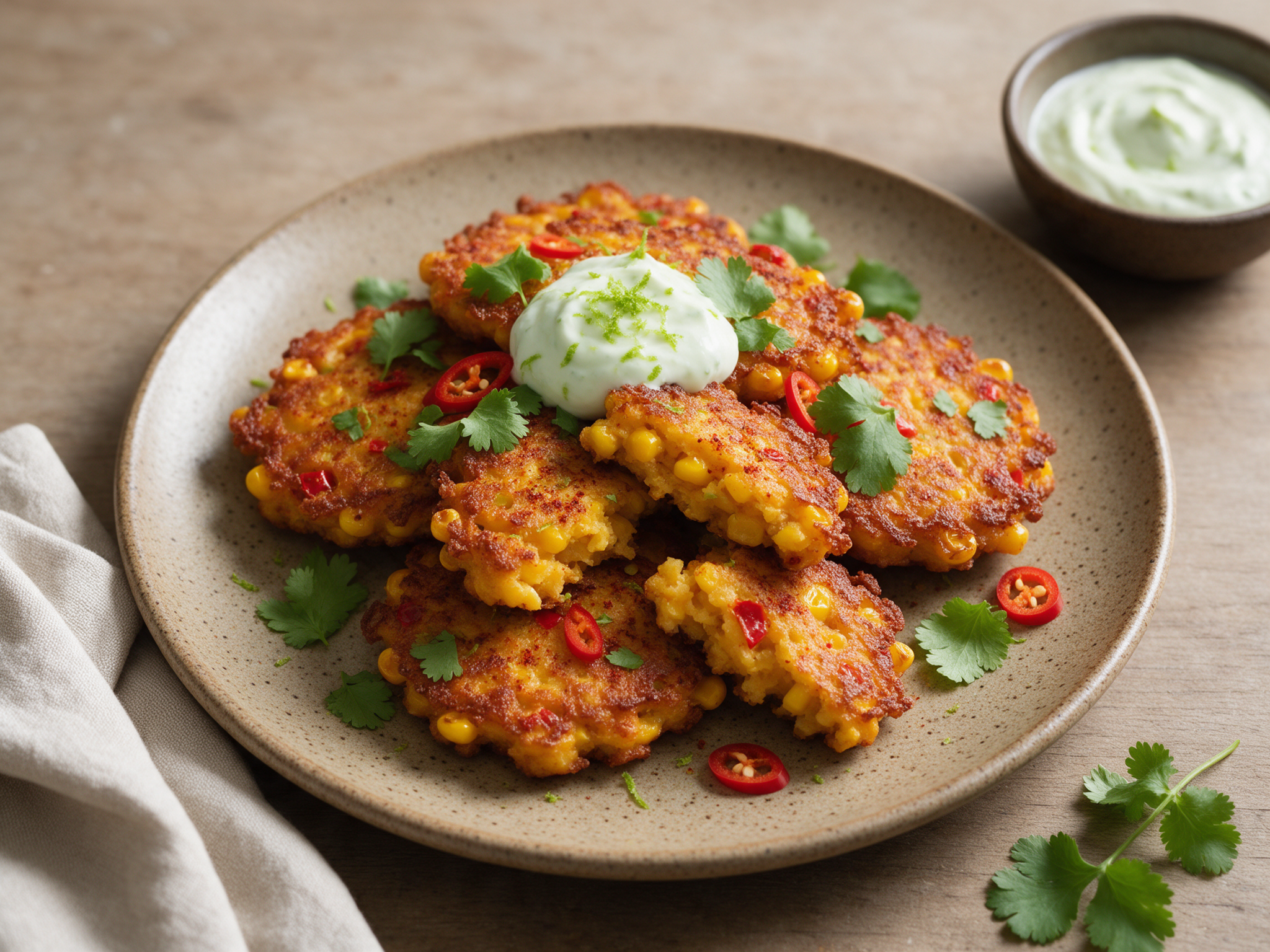 Stack of golden sweetcorn chili fritters with lime yogurt and cilantro on a stoneware plate