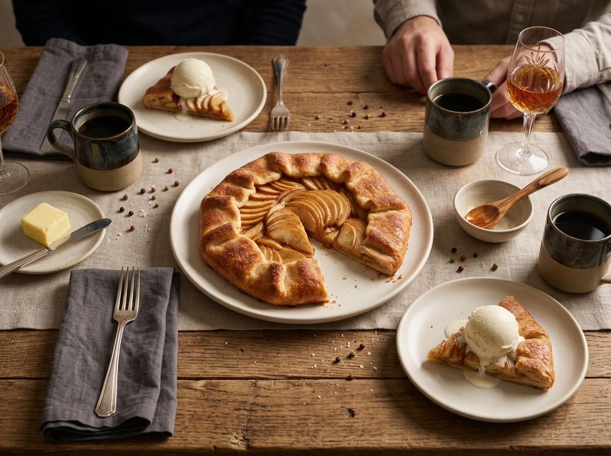 Two people sharing warm galette wedges with vanilla ice cream at a wooden table, coffee mugs and linen napkins beside