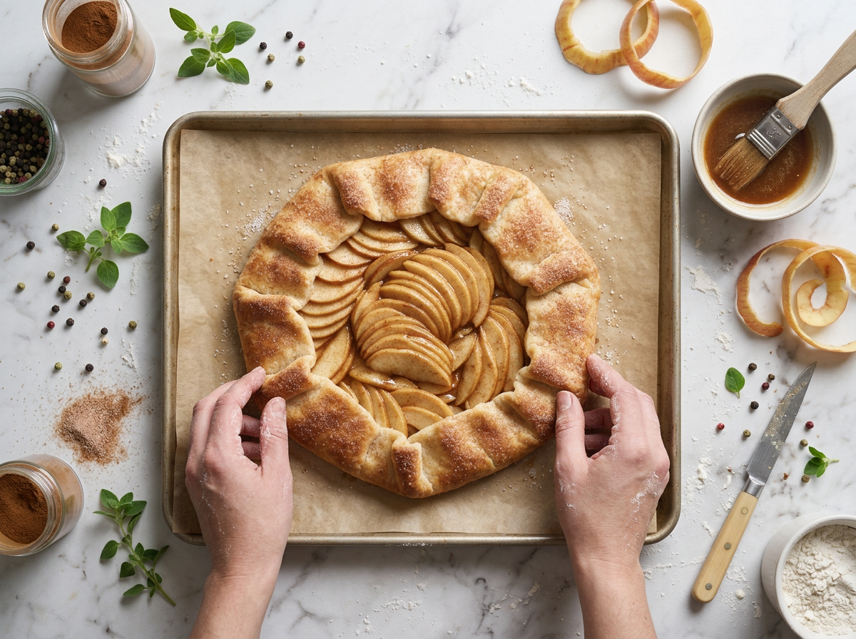 Hands folding the rolled dough border over sliced apples on a parchment-lined sheet pan, brown butter bowl nearby