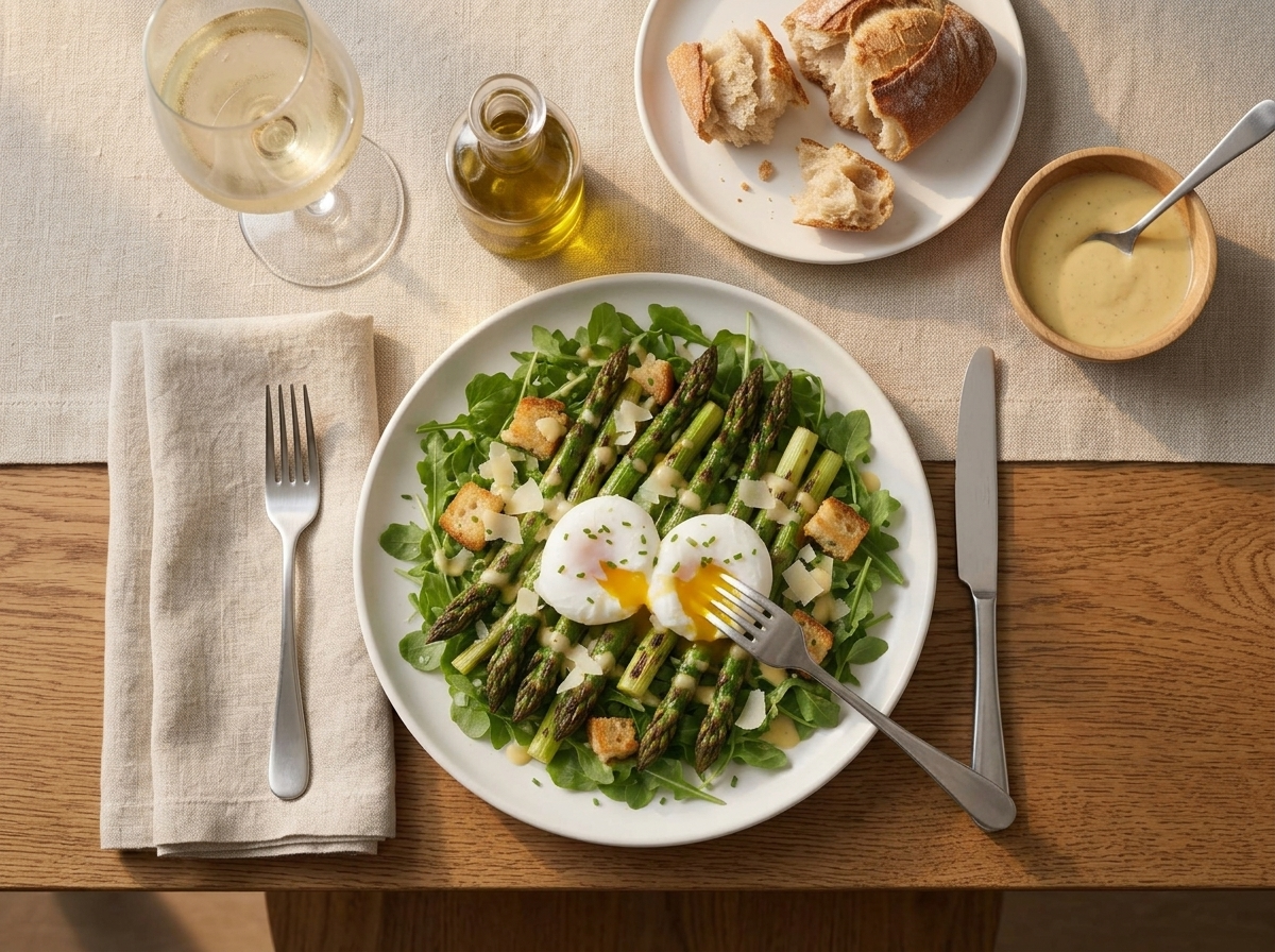 A fork breaking a runny yolk over the salad, with torn bread and a glass of white wine at the table